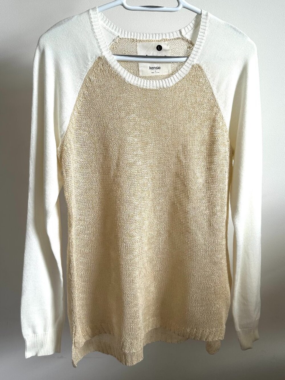 NWOT Kensie Neutral Colorblock Raglan Loose Knit Pullover Sweater Tan Cream Lg